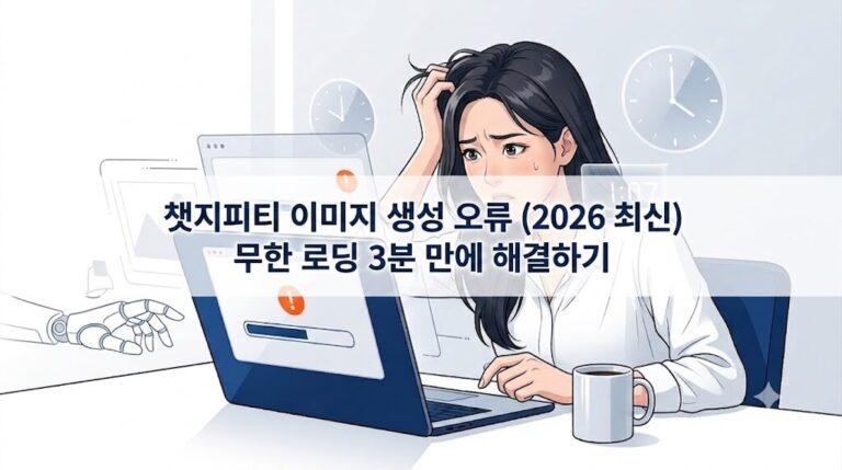 챗지피티 이미지 생성 오류로 노트북 화면 앞에서 머리를 짚으며 곤란해하는 여성의 모습을 나타낸 일러스트