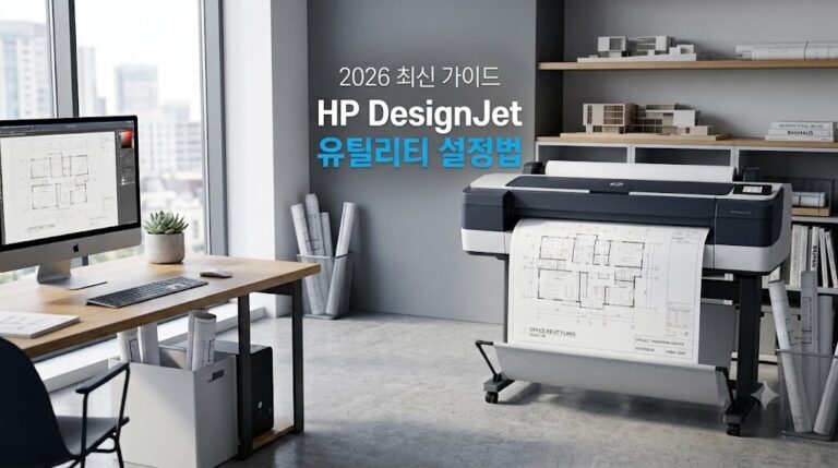 2026년 최신 HP DesignJet 유틸리티 설정을 활용한 Windows 및 macOS 드라이버 설치 흐름, 용지별 출력 품질 해상도 비교, 프린트헤드 노즐 정밀 청소 및 최종 고해상도 도면 출력 결과 요약 이미지