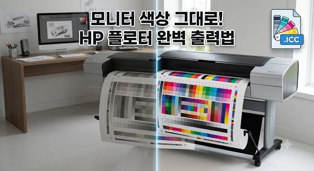 HP 플로터 ICC 프로파일 적용법을 통해 모니터와 출력물의 왜곡된 색상 편차를 완벽하게 보정하고 전후 색감을 비교한 가이드 이미지