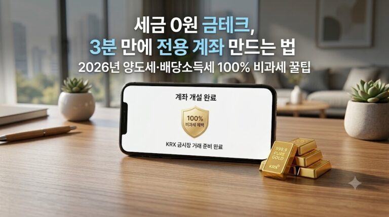 스마트폰 앱의 비대면 계좌 개설 완료 화면과 세금 절약 효과를 증명하는 골드바 및 방패 모양 비과세 혜택 아이콘 썸네일 이미지