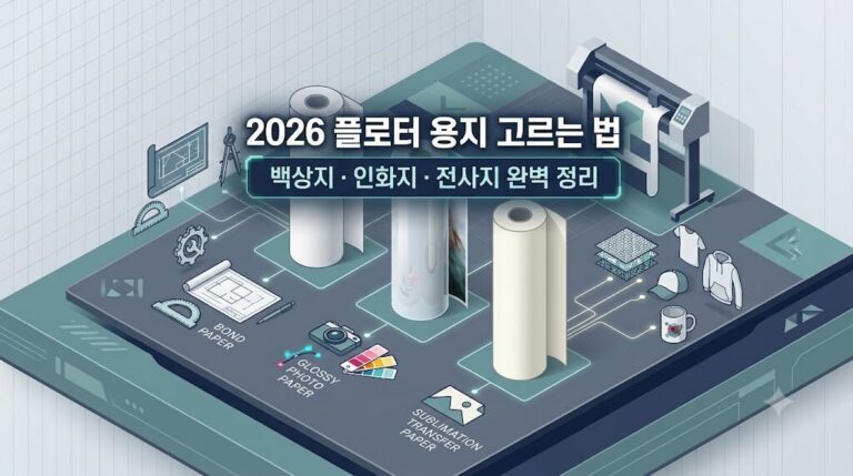 2026년 기준 백상지, 인화지, 전사지 등 플로터 용지 고르는 법을 한눈에 보여주는 세련된 아이소메트릭 3D 인포그래픽 일러스트레이션. 각 롤 용지가 도면, 고화질 사진, 의류 전사 등 핵심 용도 아이콘과 연결된 모습.