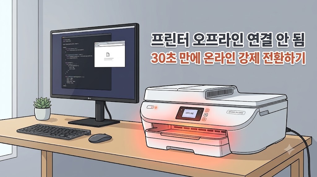 프린터 오프라인 연결 안 됨 오류를 30초 만에 온라인 상태로 강제 전환하여 해결하는 방법을 설명하는 웹툰 스타일의 블로그 대표 이미지