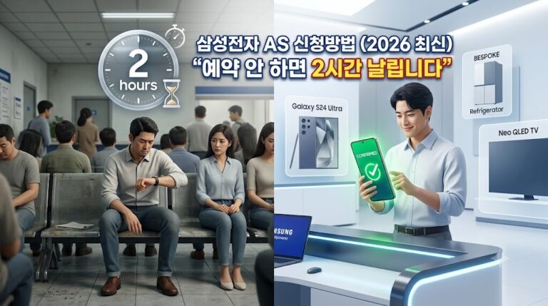 스마트폰 앱으로 2026년 삼성전자 AS 신청방법을 예약하여 대기 시간 없이 서비스를 접수하는 모습