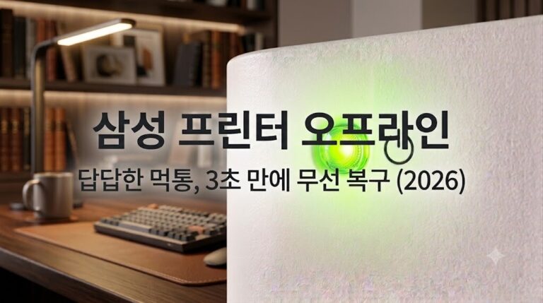 삼성 프린터 오프라인 해결 후 전원 표시등에 선명한 초록색 LED 불빛이 온라인 상태로 켜져 있는 모습