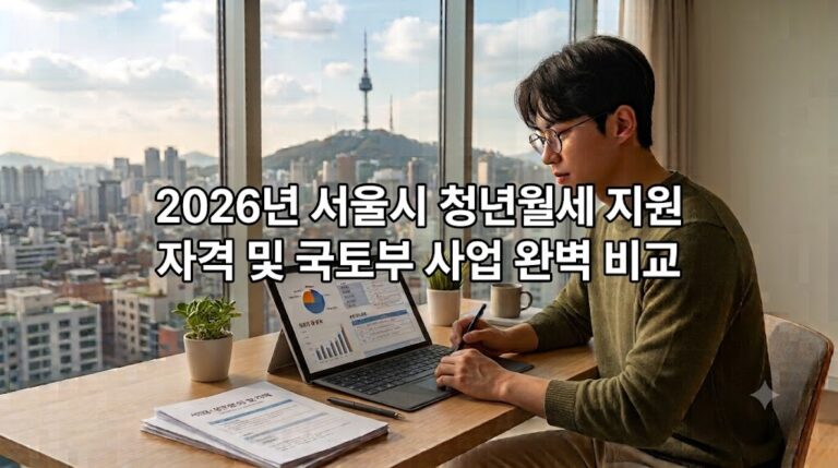 서울 도심 전경이 보이는 창가에서 청년이 노트북으로 서울시 청년월세 지원 자격을 확인하는 실사 모습