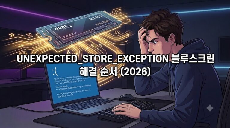 UNEXPECTED_STORE_EXCEPTION 블루스크린 해결 순서와 2026년 최신 윈도우 SSD 점검 가이드 일러스트