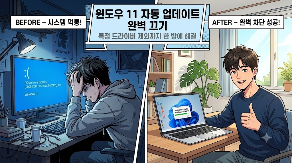 윈도우 11 자동 업데이트 끄기 및 오류 해결 방법을 안내하는 웹툰 스타일 대표 이미지