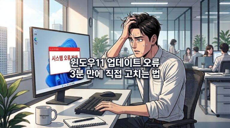 윈도우11 업데이트 오류로 인해 컴퓨터 화면을 보며 난감해하는 직장인의 웹툰 스타일 썸네일 이미지