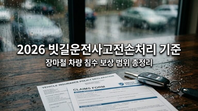 2026년 빗길운전사고전손처리 기준과 장마철 차량 침수 보상 범위 총정리 텍스트가 적용된 블로그 대표 이미지