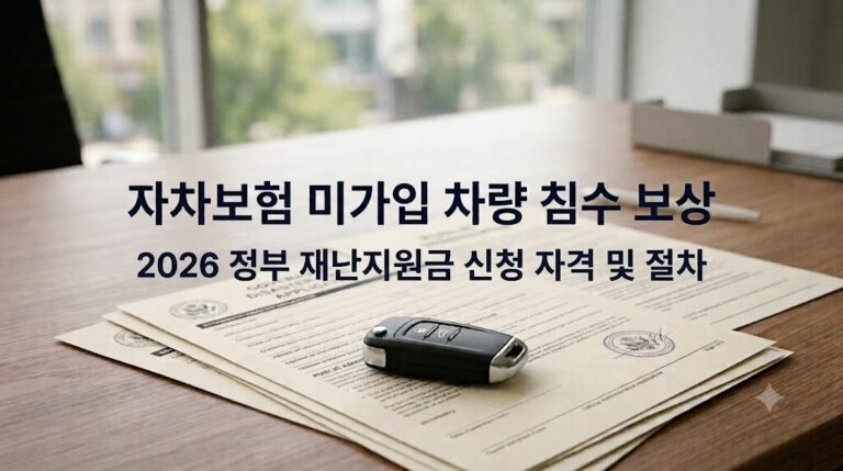 자차보험 미가입 차량 침수 보상을 위한 2026 정부 재난지원금 신청 자격 및 행정 절차 타이틀이 포함된 블로그 대표 이미지
