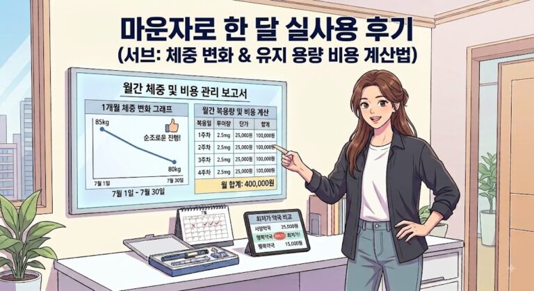 2026 마운자로 한 달 실사용 후기 체중 변화 그래프와 주차별 유지 용량 비용 계산표를 설명하는 대표 이미지