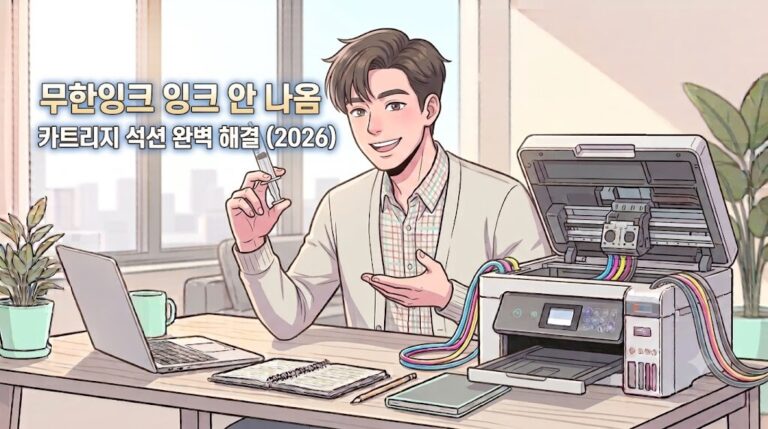 2026 무한잉크 복합기 잉크 안 나옴 현상 해결을 위한 카트리지 석션 및 공기 빼기 대표 썸네일 일러스트