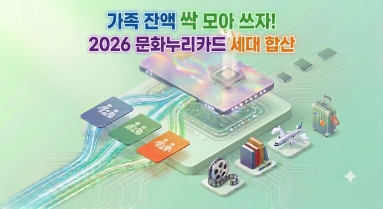 2026년 문화누리카드 여러 장의 세대원 카드 잔액을 한 장으로 직접 합산하여 영화, 도서, 여행 등 문화생활을 즐기는 과정을 시각화한 3D 아이소메트릭 대표 이미지