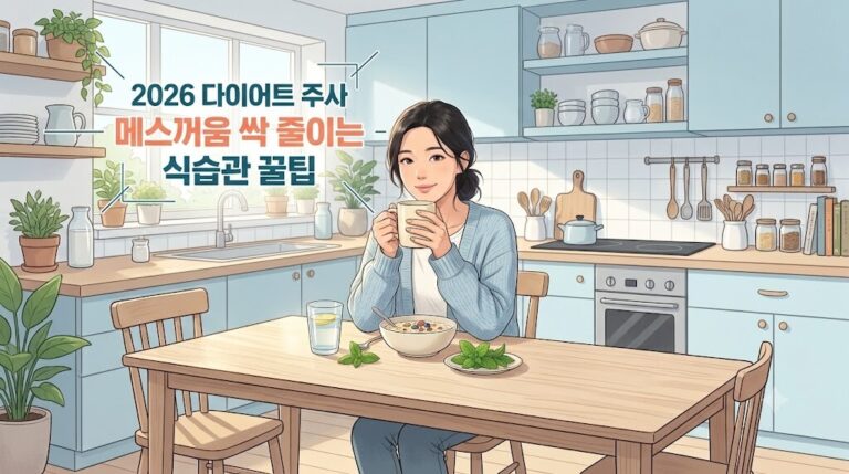 2026년 다이어트 주사 복용 후 메스꺼움을 완화하기 위해 화사한 주방에서 따뜻한 차와 오트밀을 먹으며 속을 달래는 여성 일러스트