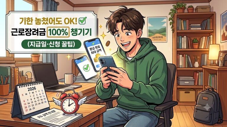2026 근로장려금 기한 후 신청 방법과 지급일 안내 문구가 적힌 썸네일 이미지, 스마트폰으로 신청을 완료하고 안도하는 청년 일러스트