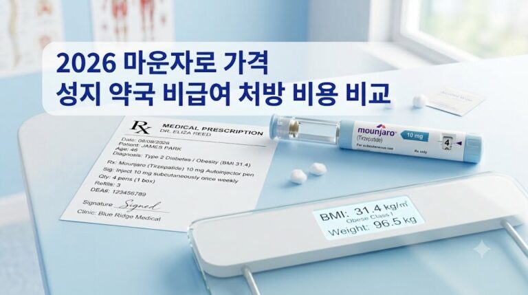 2026 마운자로 가격 및 성지 약국 비급여 처방 비용 비교 문구가 좌측 상단에 배치된 마운자로 주사 펜, 처방전, 체중계 메디컬 썸네일 이미지