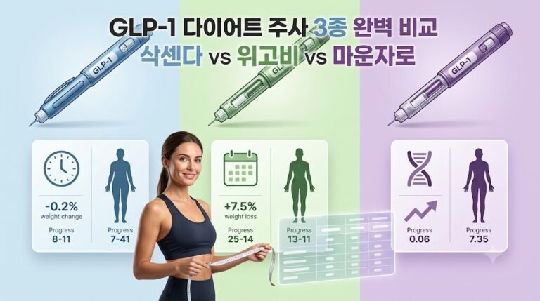 2026년 최신 GLP-1 다이어트 주사 3종 삭센다, 위고비, 마운자로 성분 및 특징 비교 인포그래픽