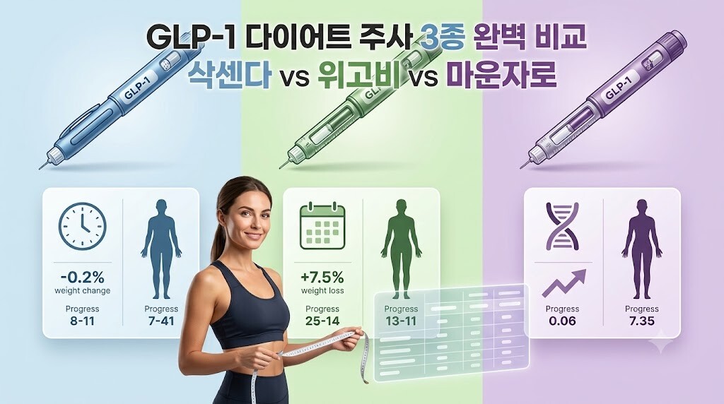2026년 최신 GLP-1 다이어트 주사 3종 삭센다, 위고비, 마운자로 성분 및 특징 비교 인포그래픽