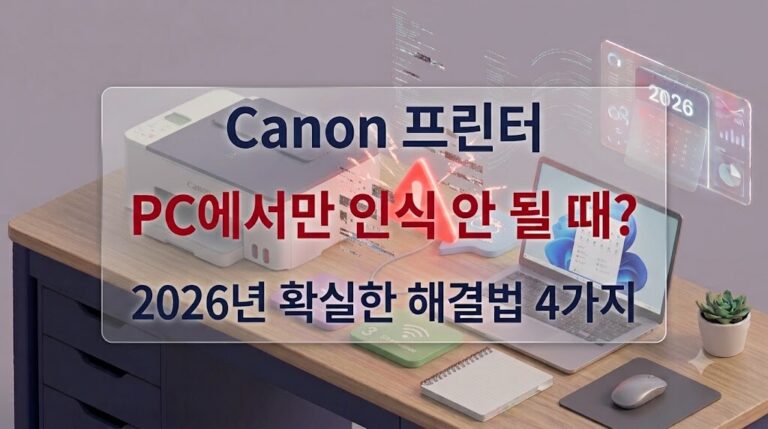 2026년 최신 캐논 프린터 PC 인식 오류 해결 가이드 이미지 (초기화, 드라이버 재설치, 포트 점검 방법 안내)