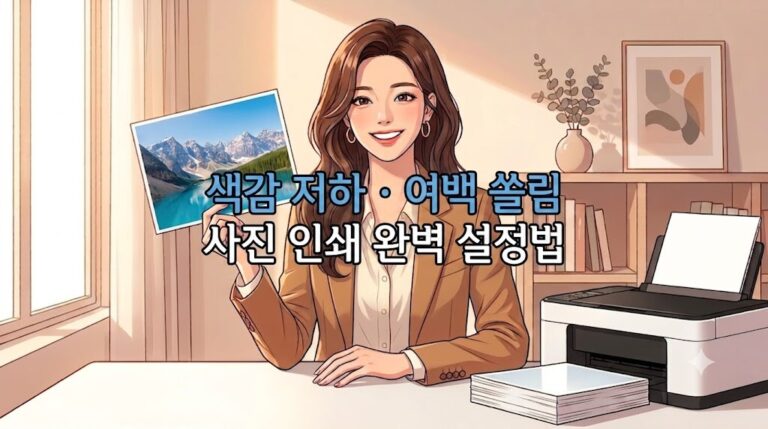 20대 후반 여성이 프린터로 선명한 사진을 출력하고 만족해하는 세련된 웹툰 일러스트