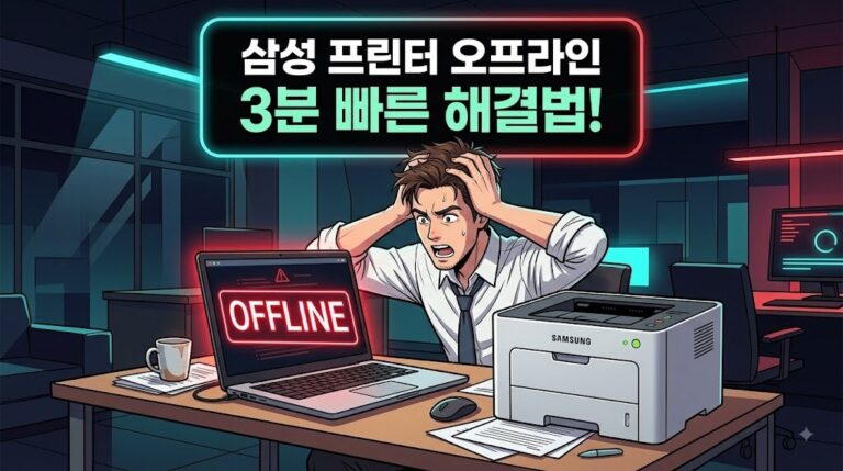 삼성 프린터 오프라인 연결 안 됨 오류 해결 방법 3분 빠른 해결법 안내 박스가 포함된 웹툰 스타일 블로그 대표 이미지