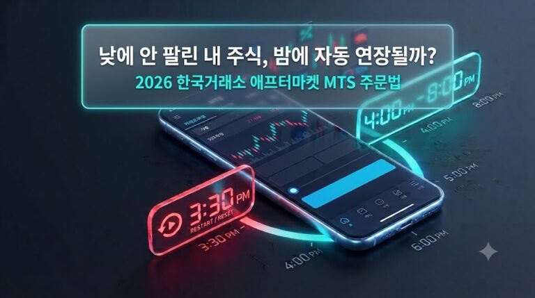2026 한국거래소 애프터마켓 MTS 주문 방법을 설명하기 위해 오후 3시 30분 미체결 취소와 오후 4시 야간 거래 재주문 과정을 3D 스마트폰과 네온 타임라인 시계로 시각화한 블로그 섬네일
