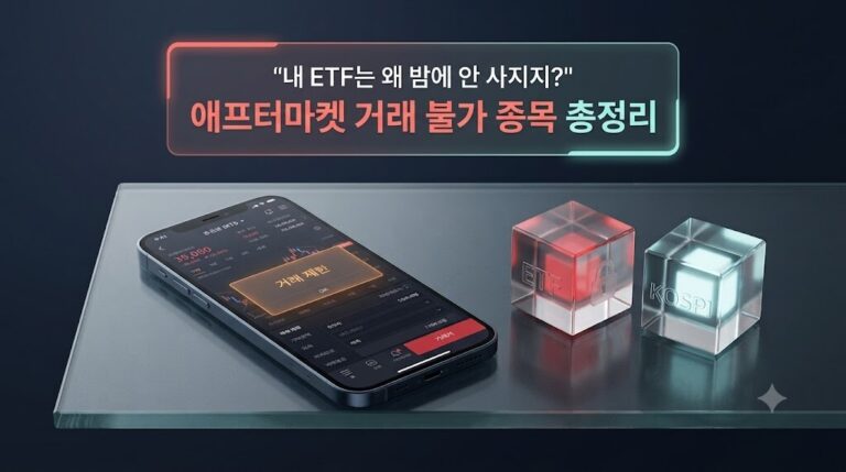2026 한국거래소 애프터마켓 거래 불가 종목 안내와 야간 주식 시장 거래 제한 종목을 직관적으로 보여주는 3D 금융 인포그래픽 썸네일
