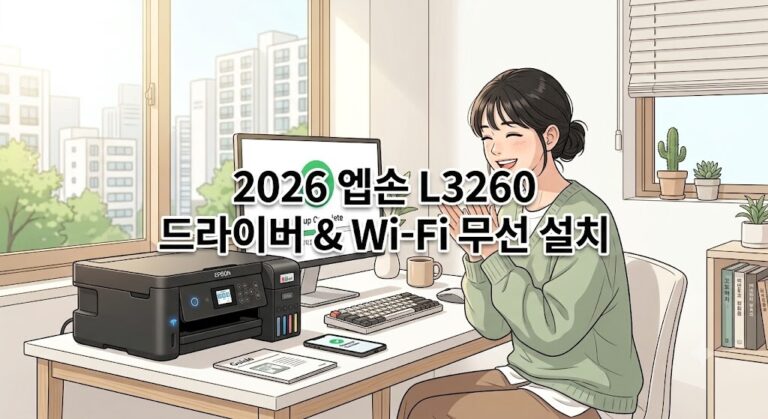 2026년 기준 엡손 EcoTank L3260 드라이버 다운로드 및 Wi-Fi 무선 연결 설정을 완료하고 기뻐하는 인물 웹툰 일러스트 대표 이미지